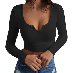 Women's Ribbed Knit Crop Top Long Sleeve Scoop Neck V Notch Casual Wear